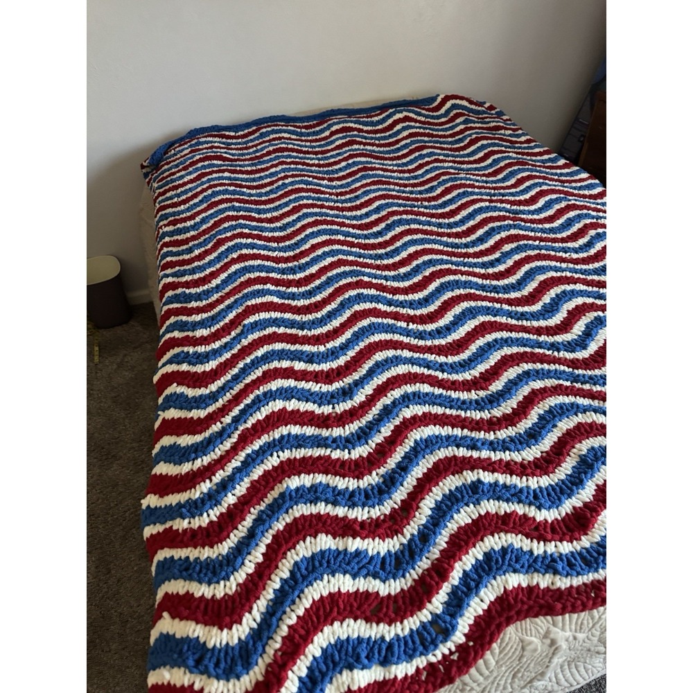 Crocheted Blank Coverlet Red White And Blue Patriotic  Throw Blanket 78 X 54